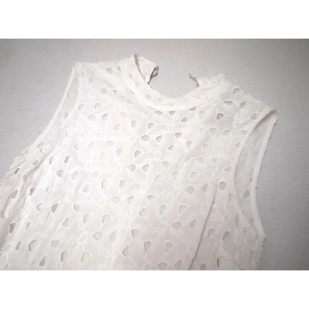 TOPSHOP Womens Broderie Midi Smock Dress 4 White Eyelet Lace Sleeveless Ruffle - Picture 4 of 7